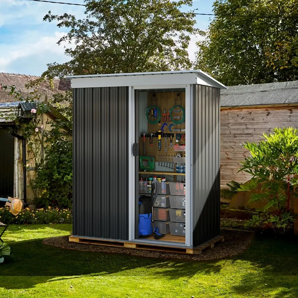 Outdoor Metal Storage Shed - Durable Water-Resistant Galvanized Steel, Sloping Roof Design, Lockable Door Black 65