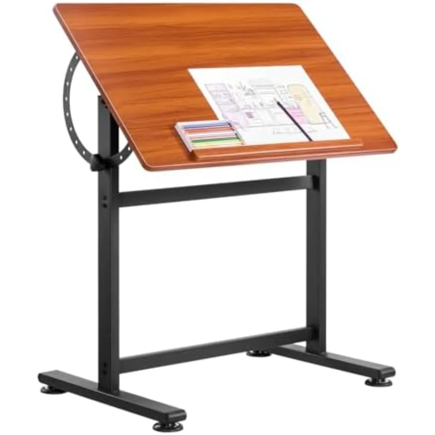 Drafting Table, Adjustable 0°–90° Tilt Drawing Desk, Portable Artist Table with Black H-Frame and Brown Desktop, Wooden