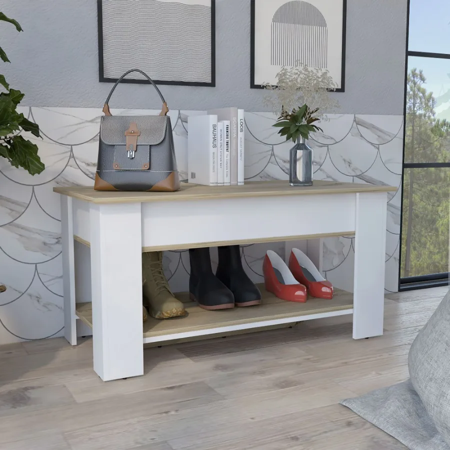 

Austin Storage Table; One Extendable Table Shelf; Four Legs; Lower Shelf Light Oak White