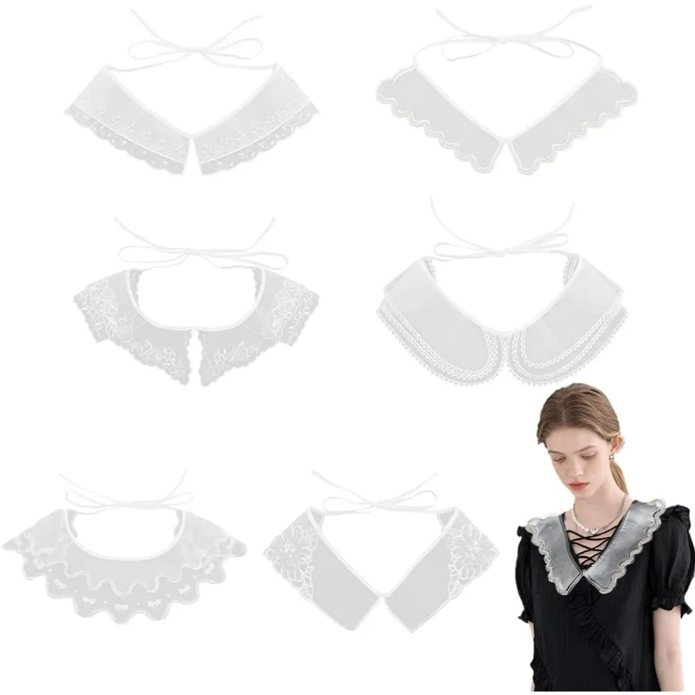 

6 Pcs 6 Styles White Embroidered Detachable Collar Hollow Out Lace Floral Fake Collar with Plastic Pearl and Paillette Blouse