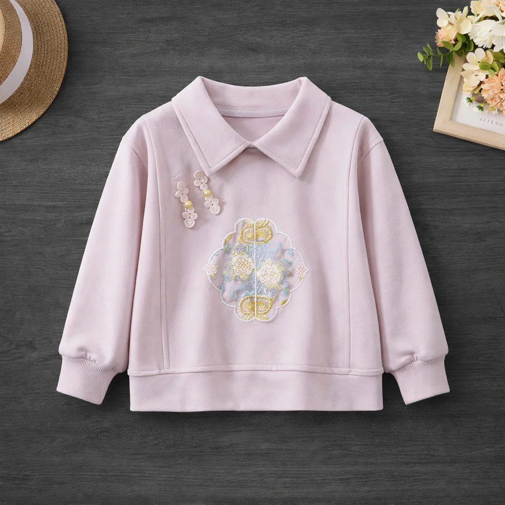 Kids Tops For Girls Preppy Floral Embroidery Sweatshirt Elegant Collar Pullover Casual Everyday Clothes For Girls 4 6 8 12 Years