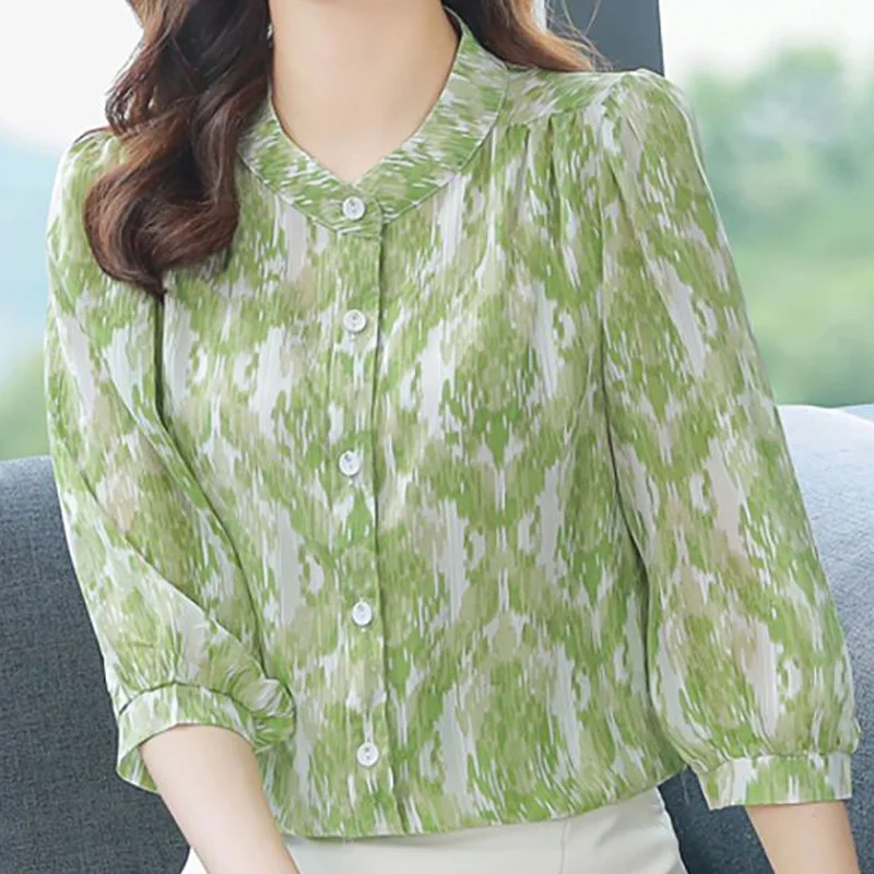 Summer Flower Chiffon Shirt Women's Short Sleeve  New Loose Round Neck Top Fashion Casual Elegant Button Female Clothing