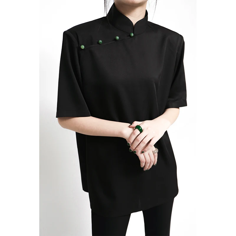 

Новая женская летняя блузка в китайском стиле с воротником-стойкой, утепленными плечами и коротким рукавом, серия APOZi Ink Trace