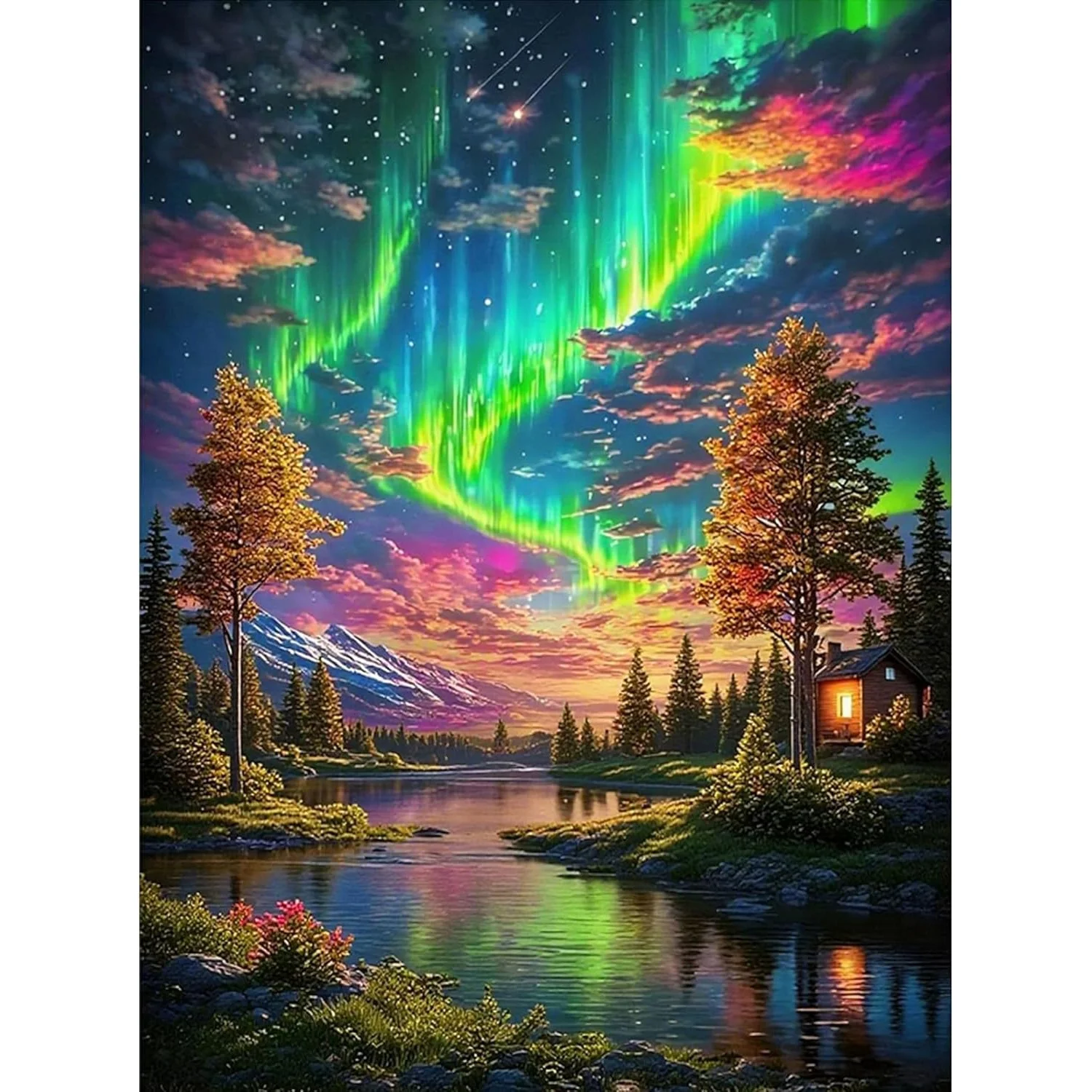 Colorful Art Jigsaw Puzzle, Loving Lovebirds, Aurora Lake Cabin, Ginger Cat on Boat, Mountain Cottage with Swan Pond, Home Decor