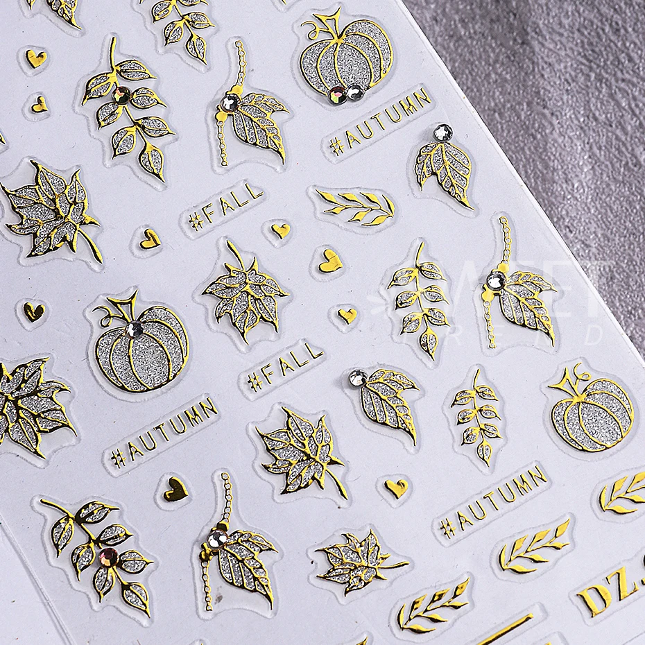 Autocollant pour ongles, feuilles d'érable citrouille d'automne, avec strass, ligne métallique, paillettes argentées, curseur, décoration de manucure, 2 pièces