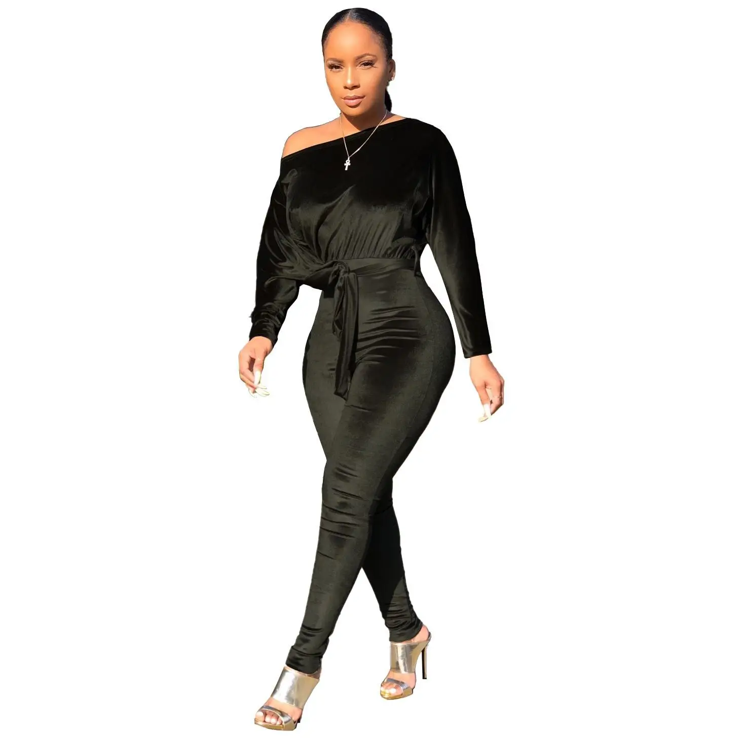 Women Velvet Night Club Party Bodycon Jumpsuit Sexy One Off Shoulder Long Sleeve High Waist One Piece Rompers With Belt