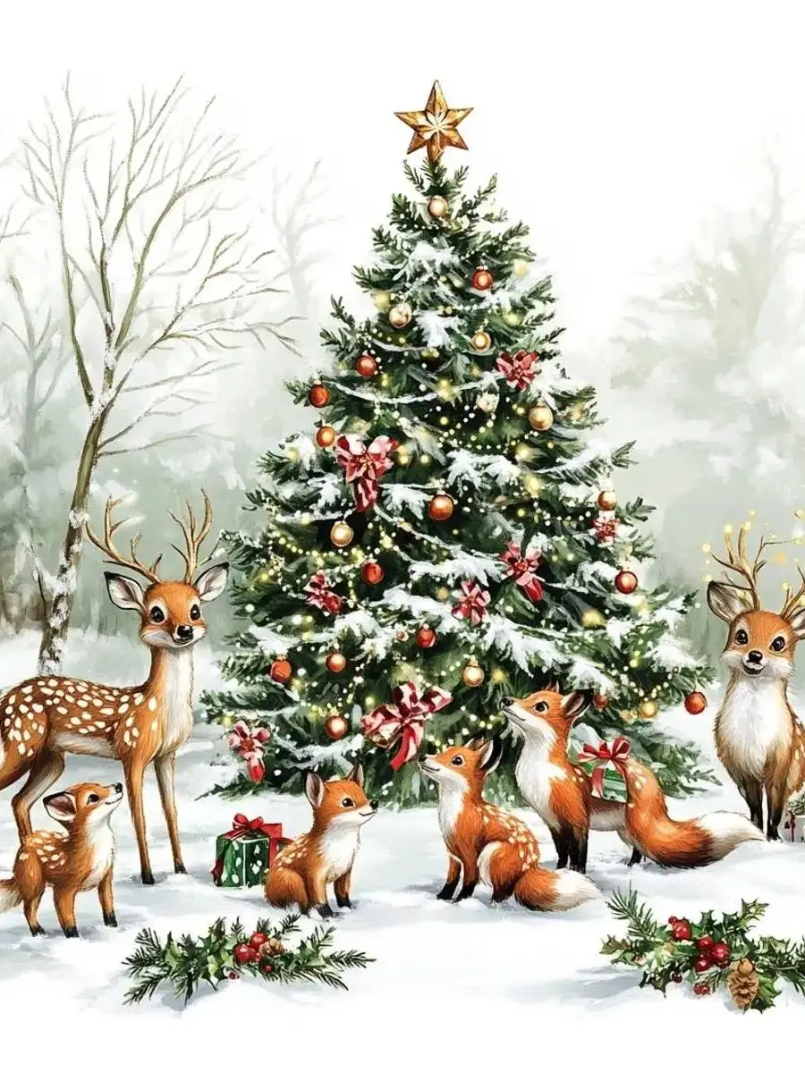 1 Stück, 40 x 40 cm / 15,74 Zoll, Motiv: Tiere rund um den Weihnachtsbaum, Weihnachtsstempel-Set für Kreuzstich, DIY-Set, 11CT/14CT, als Geschenk geeignet. – Detail 1