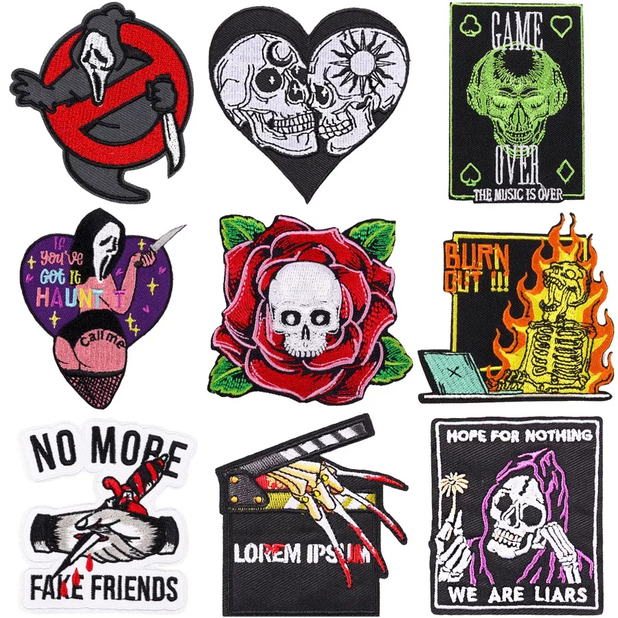 Gothic Punk Embroidery Patches Skeleton Death DIY Iron on Patches Fusible Clothes Badges Jackets Jeans Personalized Accessories