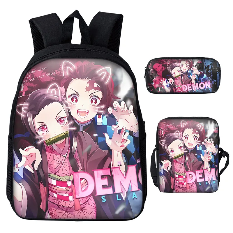 Anime Demon Slayer Plecak Chłopcy Dziewczynki 3-częściowy zestaw tornistrów Studenci Bookbag Torby na ramię Torba na długopisy Tornister szkolny Mochila