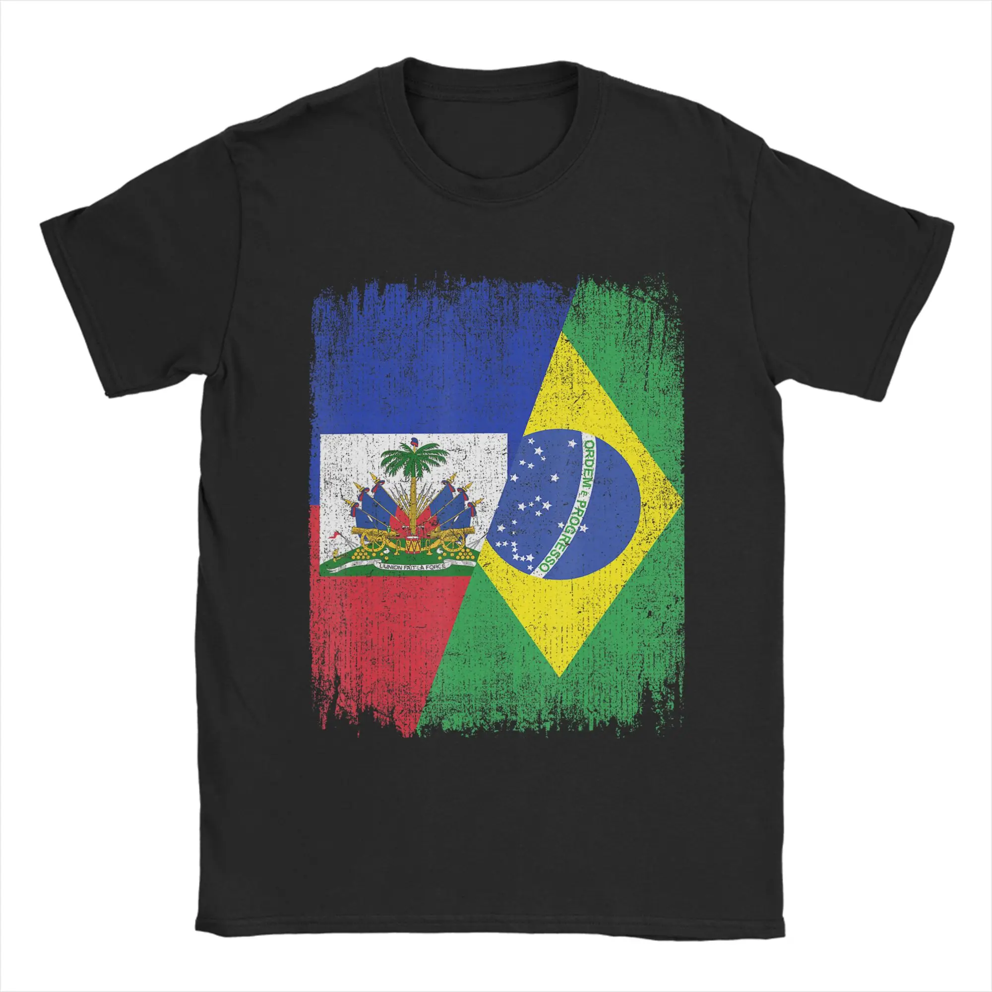 Men T-Shirt Half Haiti Brazil Flag Haitian Brazilian Pride Funny Cotton Tee Shirt Short Sleeve  T Shirts Crewneck Clothes Party