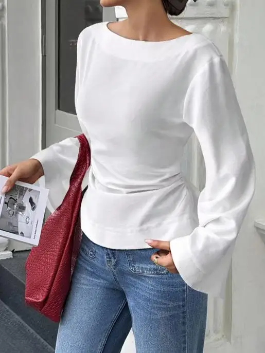 2025 جديد عصري غير رسمي أنيق مثير تي شيرت تنوعا الخصر Cinching قارب طوق شخصية الشارع القرن بأكمام طويلة