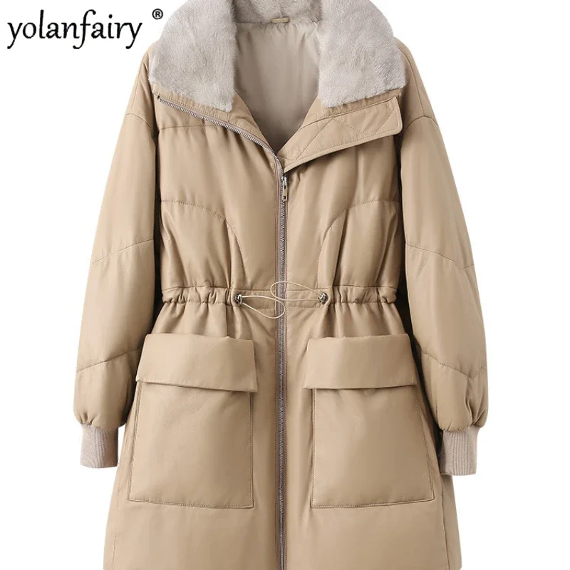 YOLANFAIRY Genuine Leather Down Jacket Women's Winter Coat Mink Collar Loose Drawstring Slim Mid Length Sheepskin Coats Korean