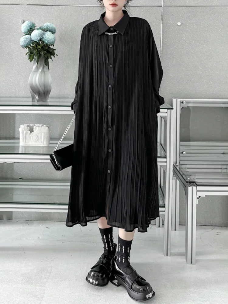 [EAM] Women Black Brief Pleated Elegant Big Size Midi Shirt Dress New Lapel Long Sleeve Fashion Tide Spring Autumn 2025 1DJ0072