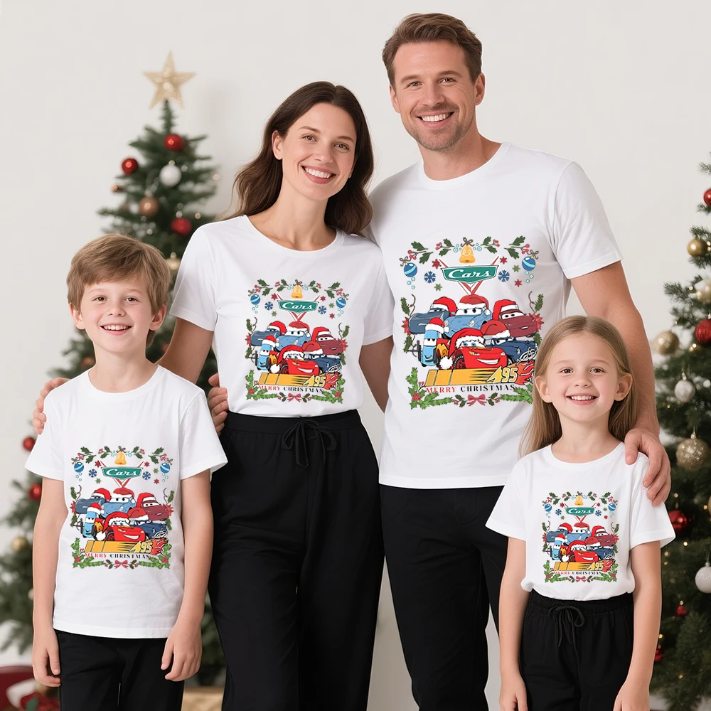 

2026 Summer Disney "Cars" Theme Christmas Family Photo 100% Cotton Print T-shirt Family Set for Parents, Children Unisex Top