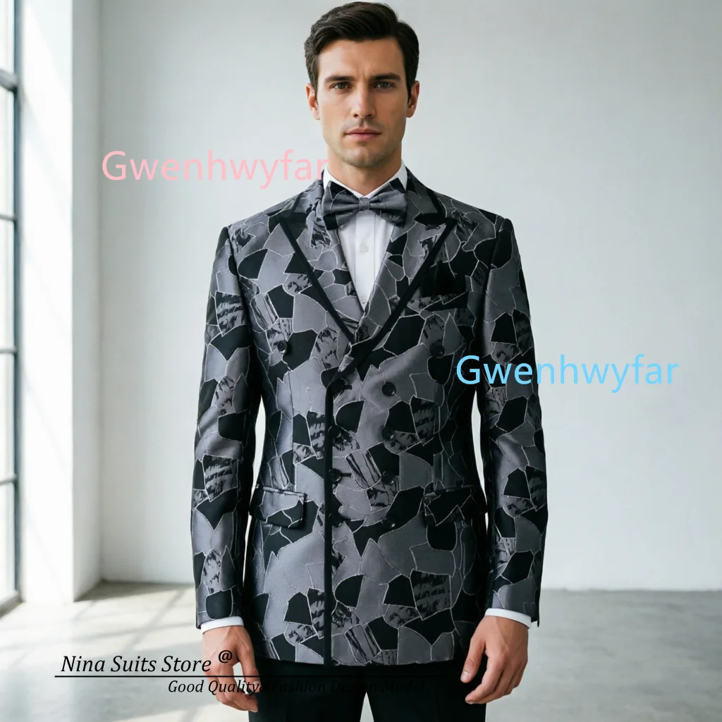 G&N Men's Geometric Cube Pattern Suit 2-Piece Set with Double-Button Jacket And Black Pants for Singer Performance Glossy Finish