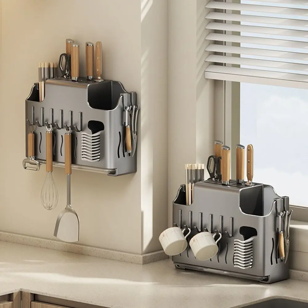 Iron Chopstick Holder Wall-Mounted Large Capacity Chopstick Storage Rack Space Saving Beige/Grey Cutlery Storage Box for Home