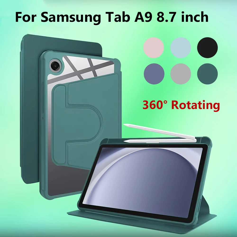 For Samsung Galaxy Tab A9 8.7 Inch 2023 360° Rotating Acrylic Case Transparent Shockproof Cover With Pen Slot