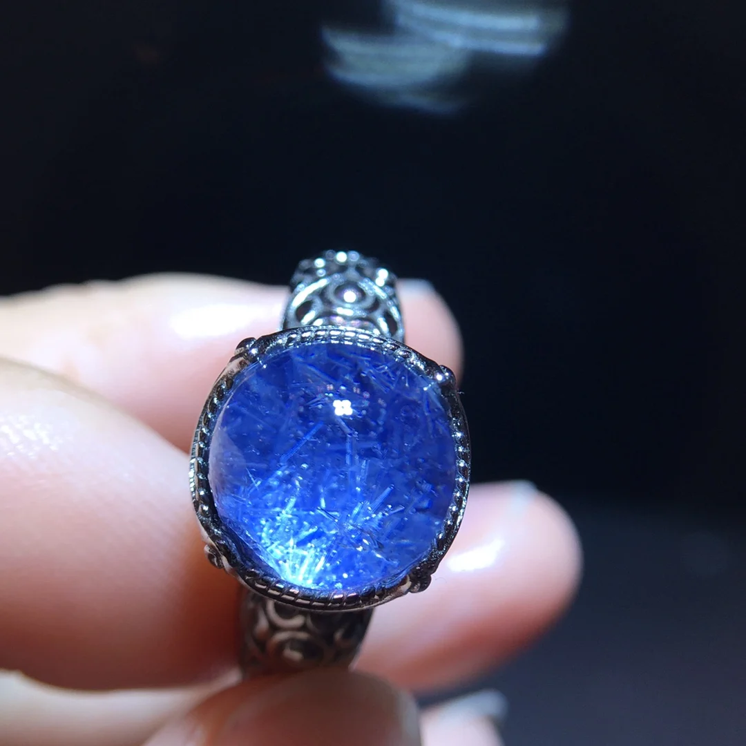 الطبيعية الأزرق Rutilated Dumortierite الكوارتز قابل للتعديل الدائري 9.7 مللي متر البيضاوي امرأة الرجال خاتم AAAAAAA #4