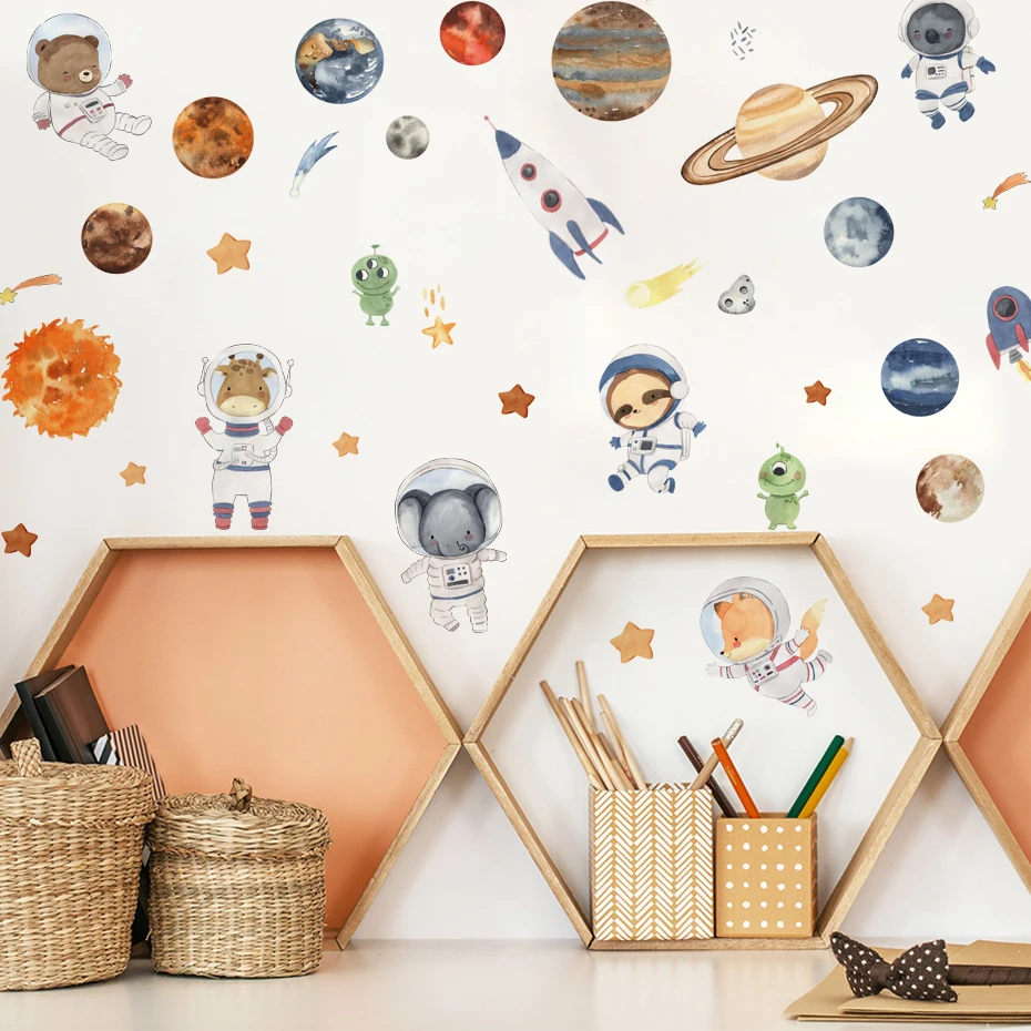 Cartoon Solar System Alien Astronaut Stars Wall Stickers for Kids Room Bedroom Reading Room Wall Decals School Nursery