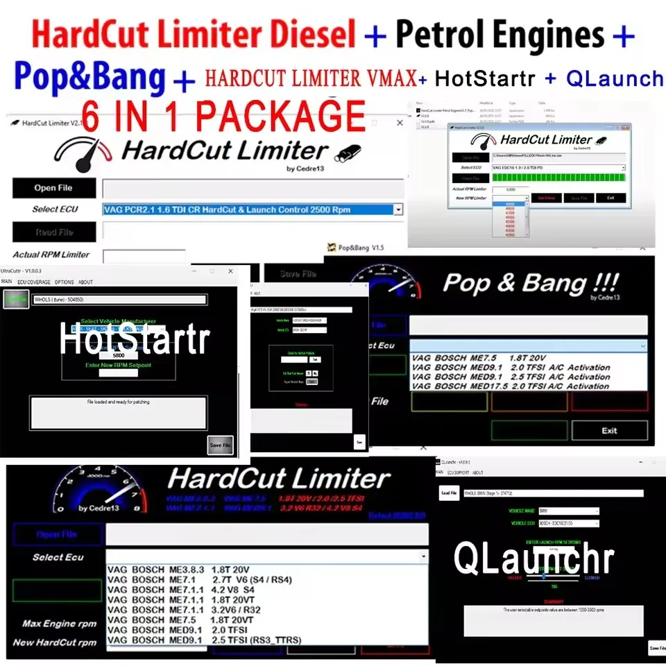 

ECU Software 6 IN 1 Pops and Bangs + New HardCut Limiter Diesel +Petrol Engines + HARDCUT LIMITER VMAX+ HotStartr + QLaunchr