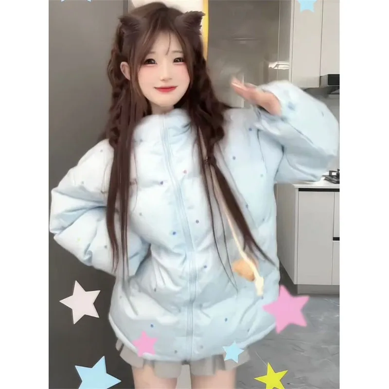 Japanese Subculture Sweet Design Blue Cotton Jacket Winter New Color Polka Dot Print Hooded Coat Women's Kawaii Fashion Clothing