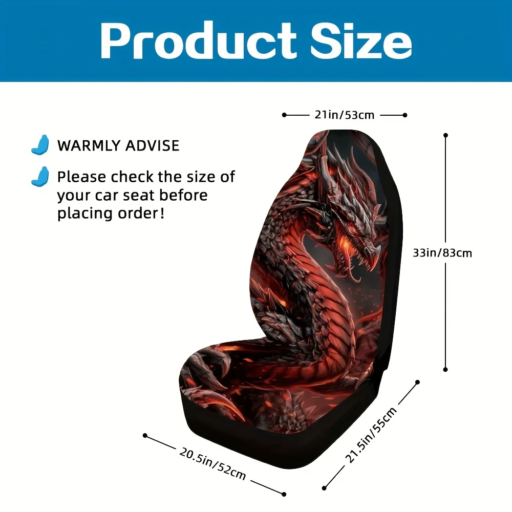 2pcs, Stylish Fiery Dragon Fantasy Pattern Car Seat Covers, Stylish Upgrade For Front Seat Interior Decoration, Machine Washable