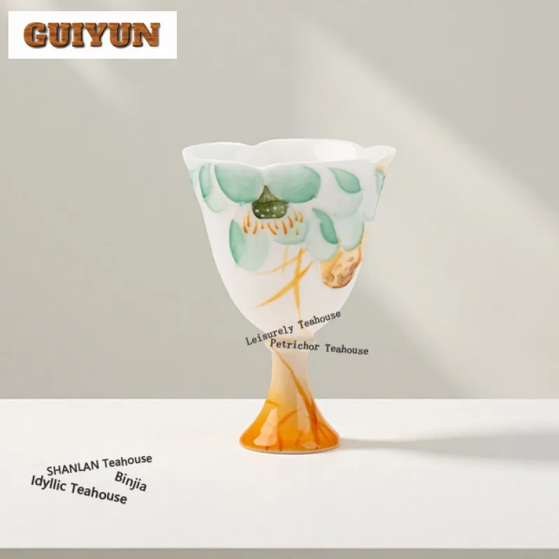 

45ml Hand-painted Lotus High Foot Teacup Zen Tea Bowl Tea Pair Tea-tasting Personal Cup Chazhan Master Cups Tea Services Craft