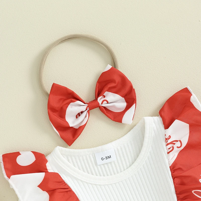 Infant Girl Romper Dress Heart Print Long Sleeve Ruffled Dress Bow Headband Valentines Day Outfit