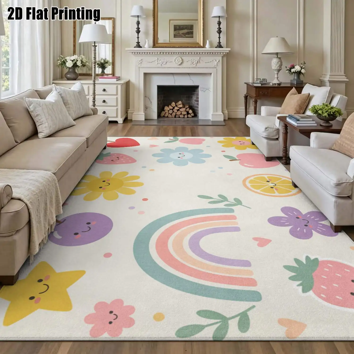 1Pc 2D Printed Carpet: Macaron Cartoon Fruit, Vegetable, Floral Patterns Instagram-Style Floor Mat, Home Decor, Machine Washable, Multi-Size, Multi-Scene Use