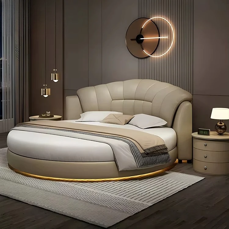 

Modern Style Large Round Double Bed for Master Bedroom Soft Leather Wooden Sensor Light for Wedding