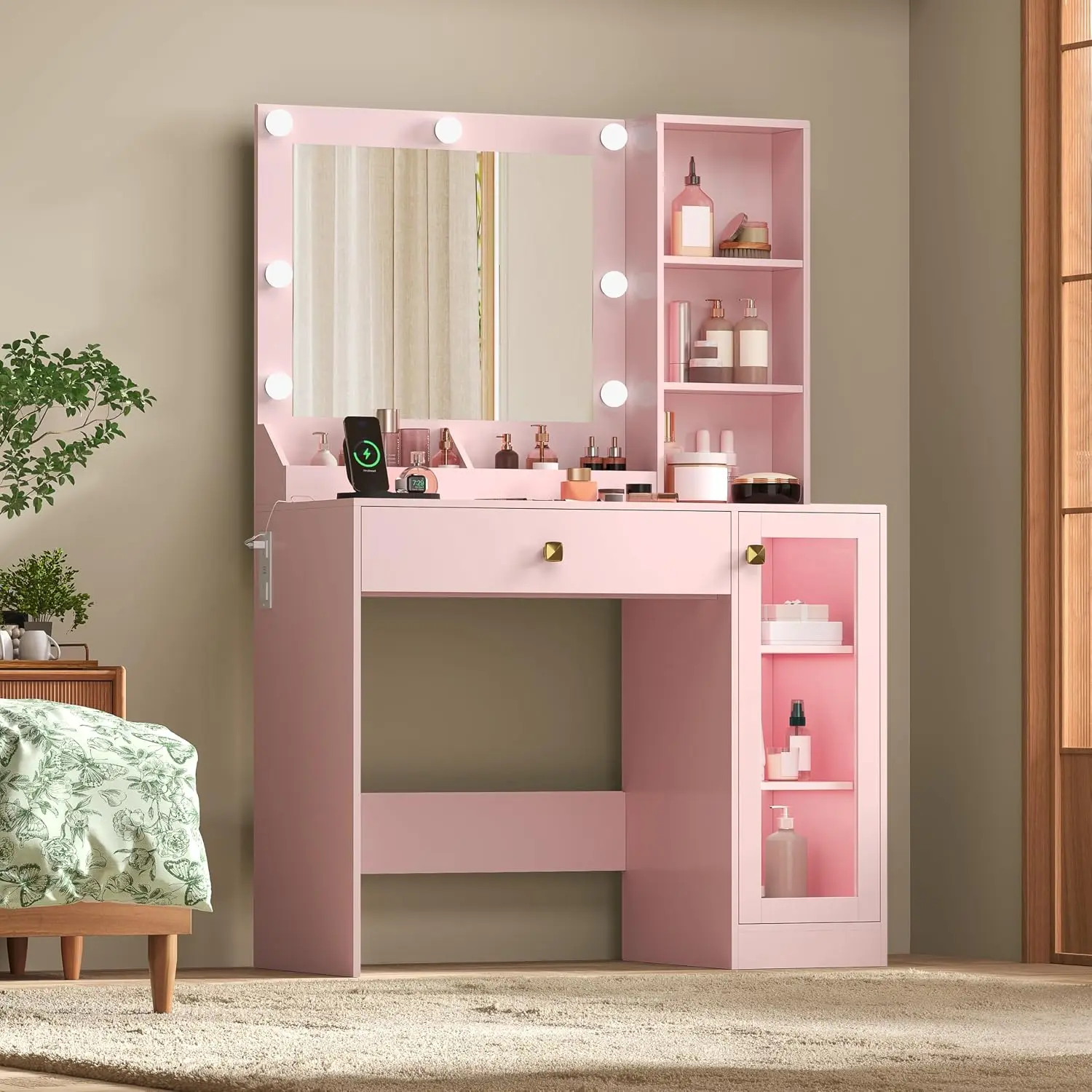 Pink Vanity Desk with Mirror & Lights, 34