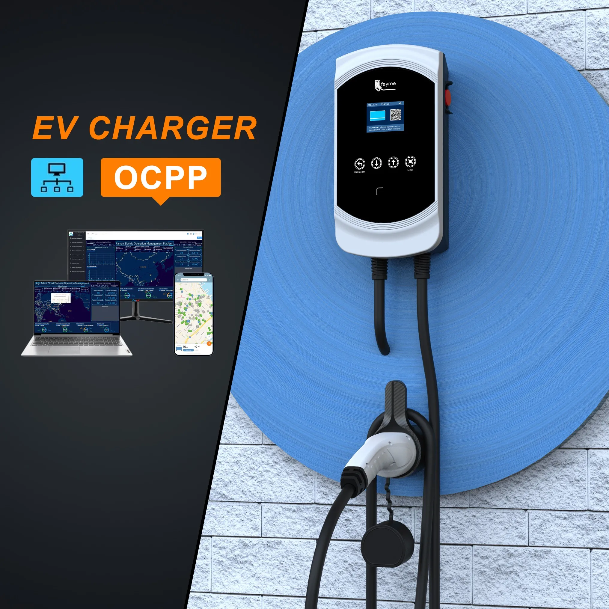 feyree OCPP1.6 AC EV Charger 220V/380V Smart Wallbox AC Charging EV Charger with 4G Network For Commercial EVSE Charging Station