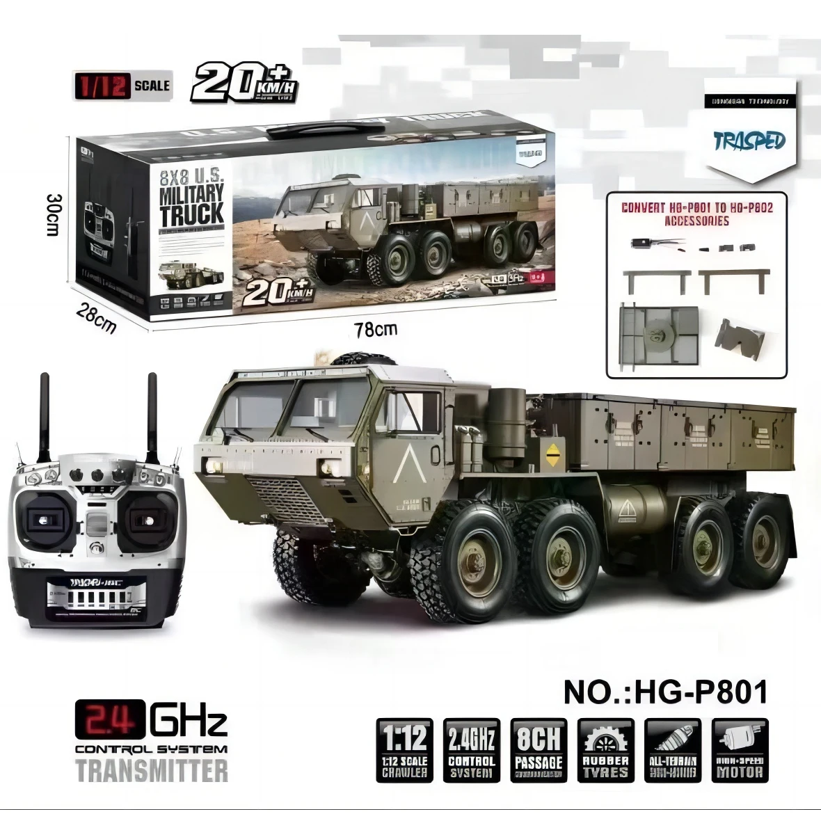 HG P801 P803A 1/12 8x8 8WD for US Army Military Truck RC Car Tractor Off-road Climbing Vehicle Model Trailer Crawler Adult