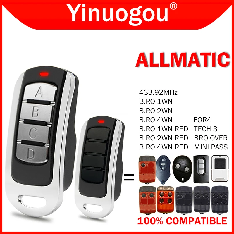 ALLMATIC B.RO 1WN 2WN 4WN RED FOR4 TECH 3 BRO OVER MINI PASS Garage Door Remote Control Duplicator Gate Opener Command 433.92MHz