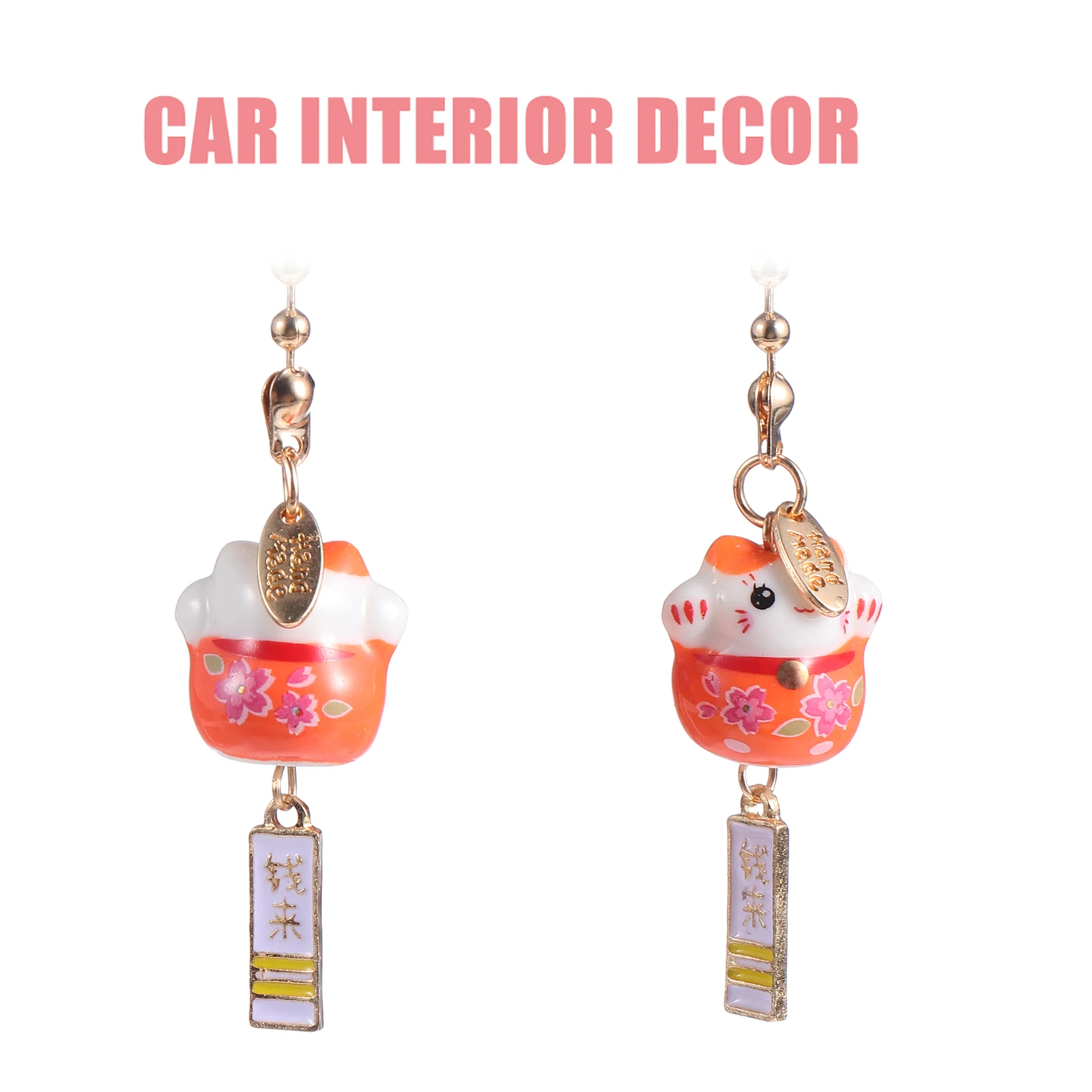 

1Pair Japanese Style Ceramic Fortune Cat Hanging Pendant Car Charm Rearview Mirror Ornament Car Interior Decor
