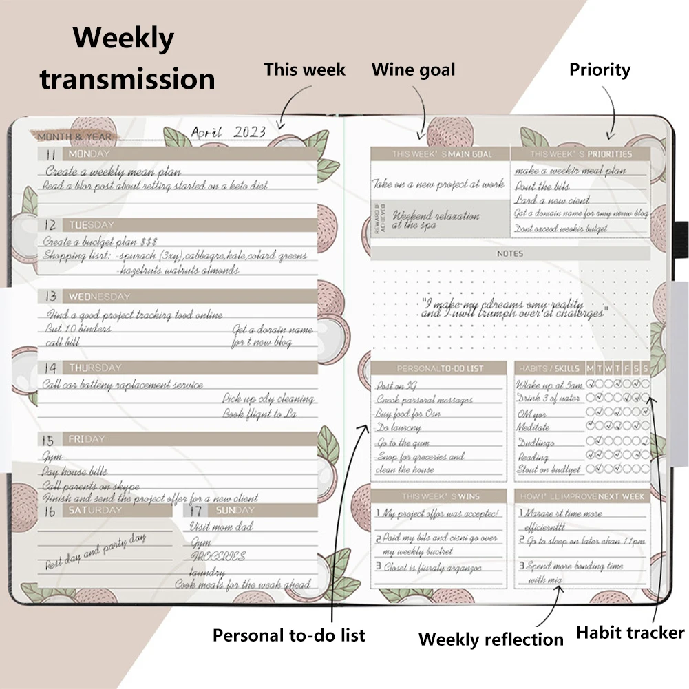 PU Capa de Couro Notebook para Homens e Mulheres, A5 Planejador, Bolso Interno, Bloco de Notas do Escritório, Semanal, Mensal, Diário, Memorando, Student Writing