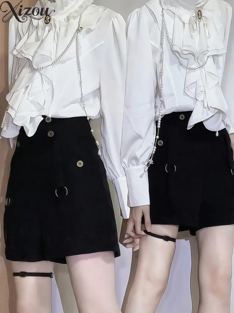 French Jabot  Shirt White Ruffle Blouse Black High Waist Shorts Two Piece Set Ouji Lolita Elegant Top Autumn Winter New Outfit