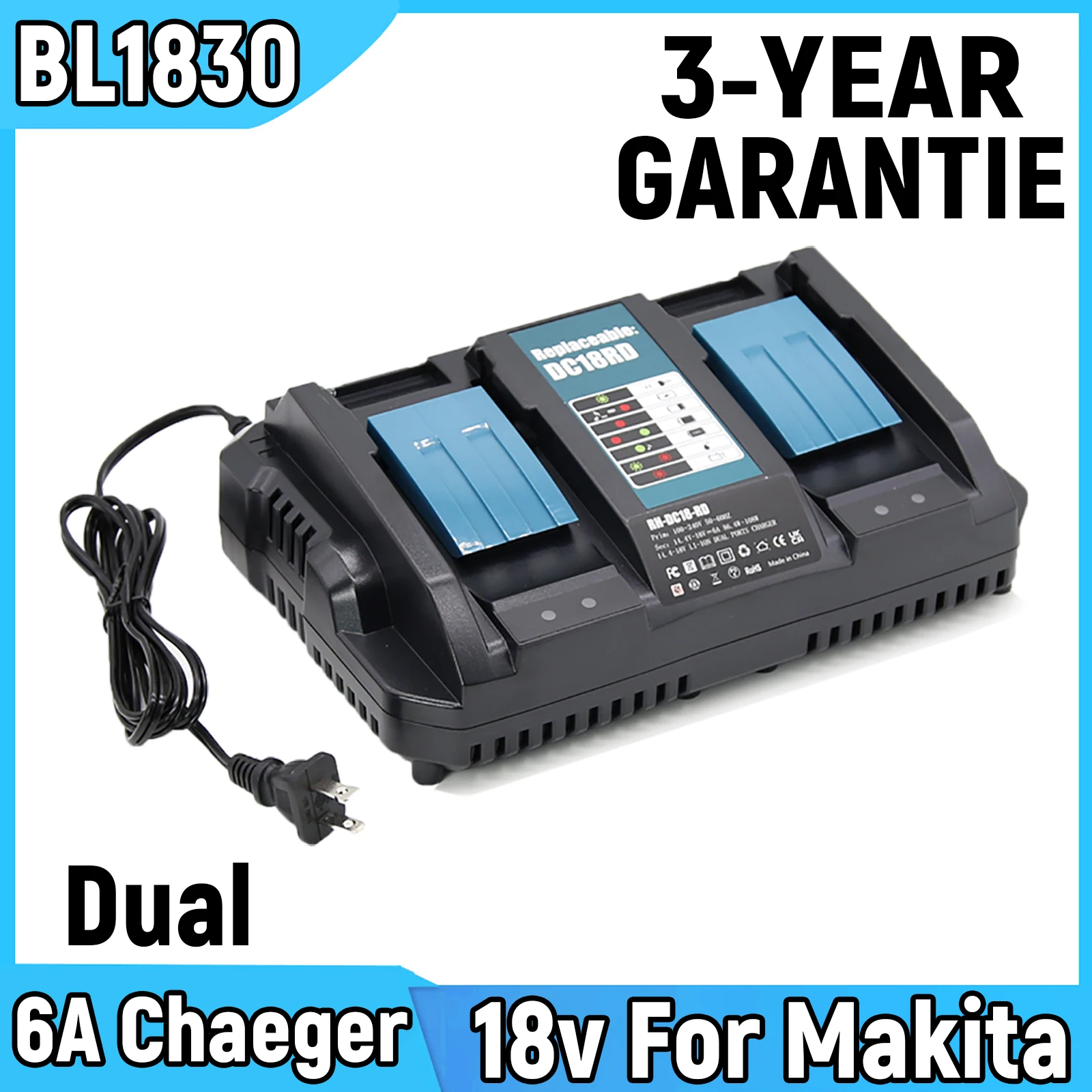 For Makita BL1830 Battery 6A Charger Dual BL1840 BL1850 BL1860 Compatible For 18V Makita Battery 14.4V-18V Battery Charger