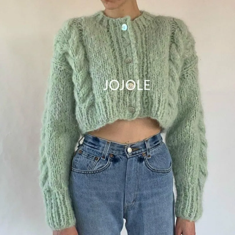 Flowers Crocheted Sweater Jacket Women Hook Twist Knitted Cardigan Spring Autumn Cashmere High Waist Single-breasted Crop Tops