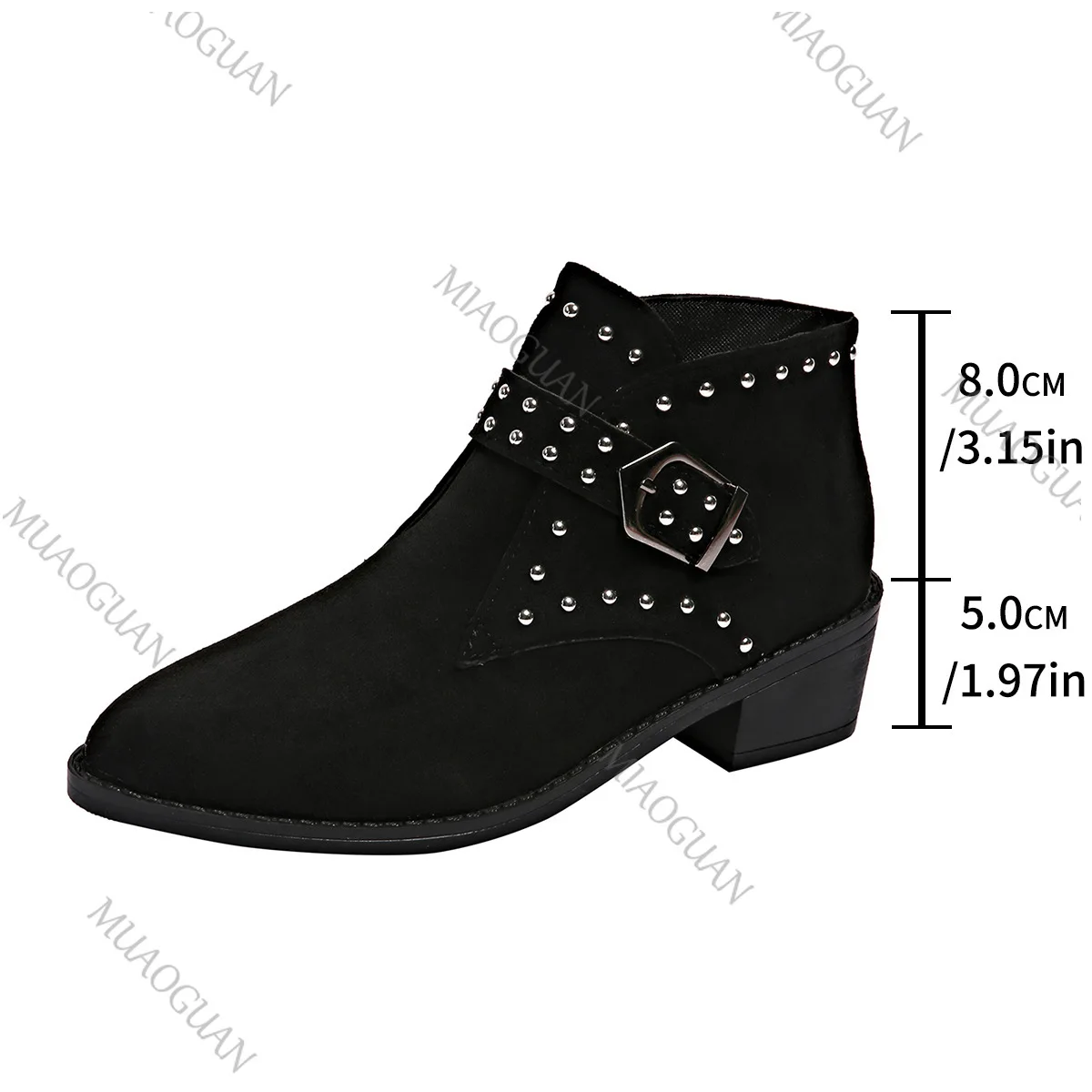 Dames motorlaarzen, suède, punkstijl met studs, spitse neus, riemgesp, dikke hak_voghion.com