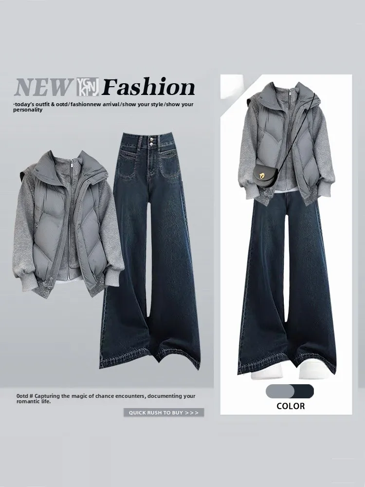 

Повседневный женский хлопковый джинсовый свитер с джинсами и высоким воротником, длинная футболка свободного кроя, зимняя мода, ансамбль...