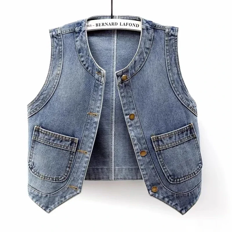 Wiosna Lato Kobiety Vintage Washed Blue Duża kieszeń Cienka krótka kamizelka dżinsowa Okrągły dekolt Jednorzędowa kowbojska kamizelka bez rękawów