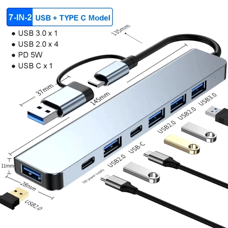 

USB 3.0 Type C Adapter Docking Station 7 Ports USB HUB Splitter 5Gbps High Speed Transmission OTG Adapter TF Card For Laptop PC