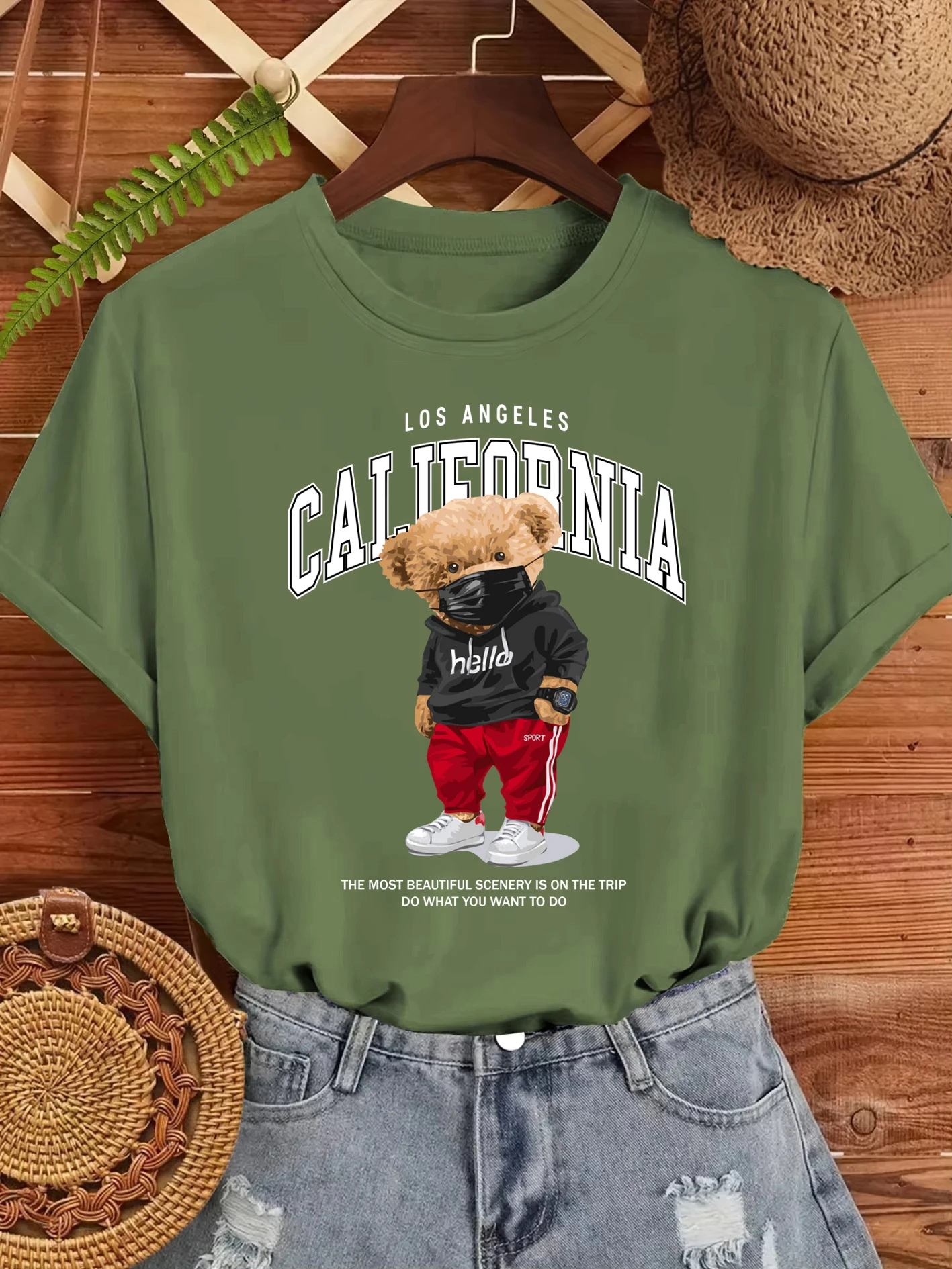 

California Mask Cool Bear Prints T-Shirt Women Summer Trendy T Shirts Oversized Multicolor Clothes Cotton All-Match Sportswear