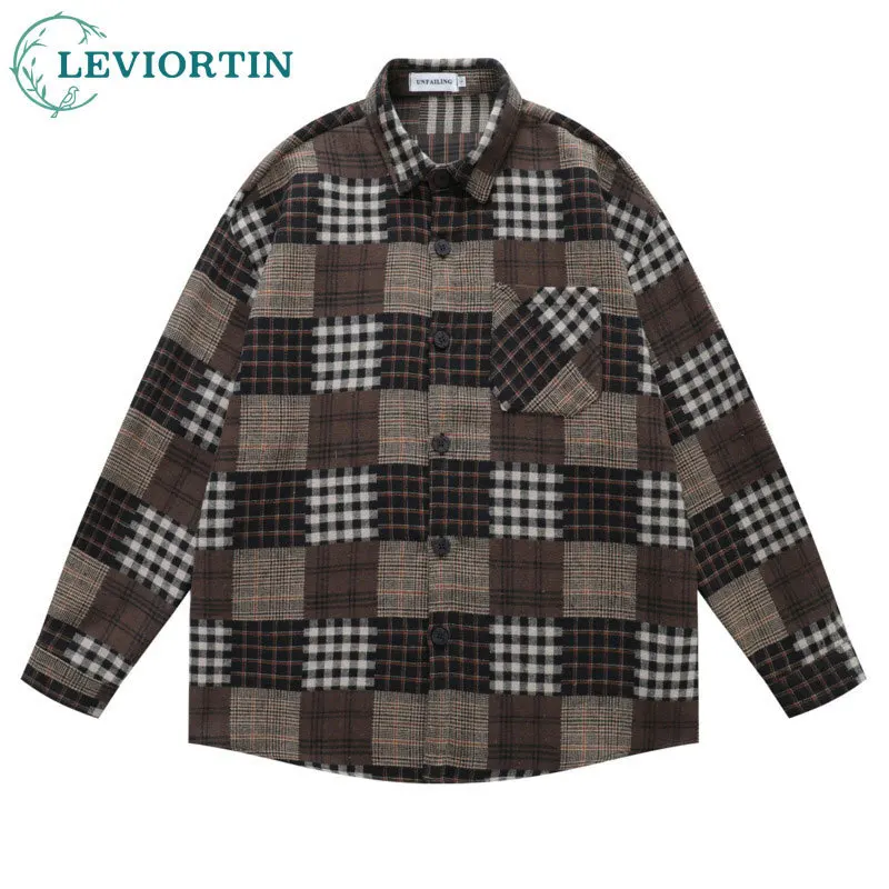 American retro contrasting color patchwork checkered long sleeved shirt for men, loose and casual, simple and versatile shirt
