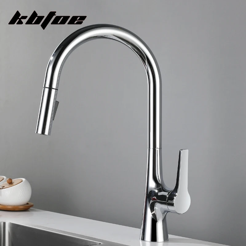 

Chrome Pull Out Kitchen Faucet Deck Mounted Stream Sprayer Hot Cold Water Wash Sink Mixer Tap Brass 360 Rotation Faucet Crane