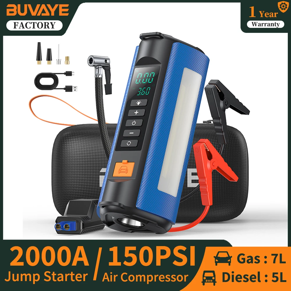 BUVAYE Jump Starter Power Bank with 150PSI Air Compressor 2000A Battery Booster Electric Pump Portable Air Pump For Inflatables