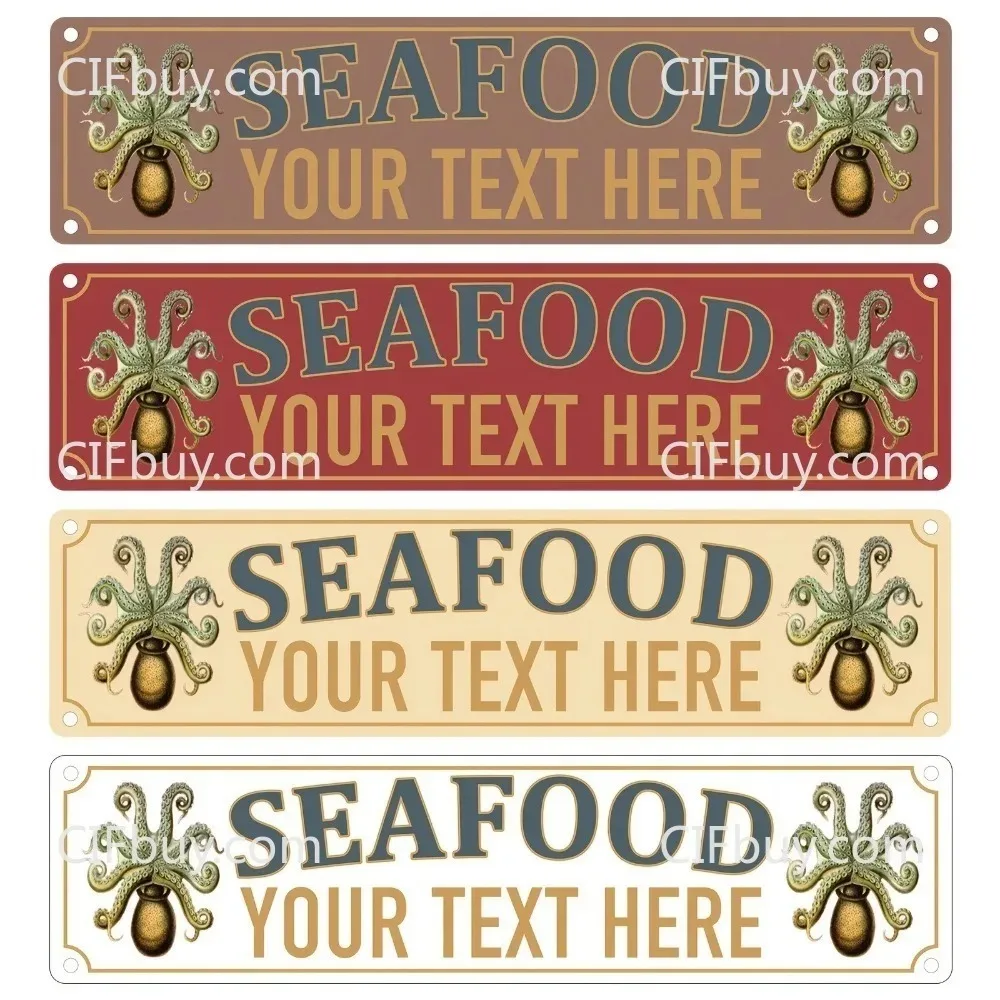 CIFbuy Customizable 2D Flat Seafood‑Style Metal Plaque,Personalized Octopus Custom‑Text White Beach Wall Ornament (Decor Only)