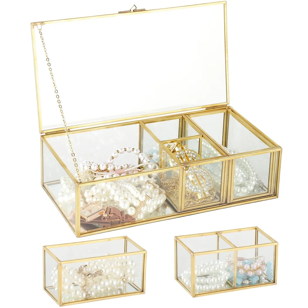 Golden Glass Jewelry Box Mirrored Box With 2 Detachable Jewelry Organizers Clear Lidded Display Box Makeup Storage Container