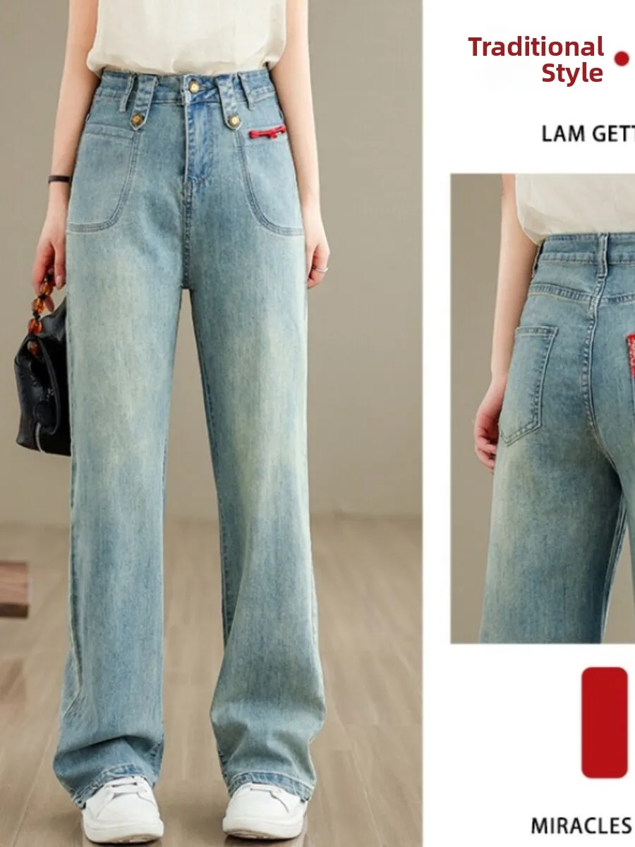 

Новые китайские широкие джинсы с вышивкой, женские летние брюки с высокой талией, тонкие прямые повседневные брюки длиной до пола